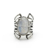 Oval cabochon Moonstone ring in silver bezel and prongs setting with sterling silver skeleton multi wrap band