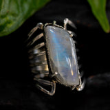 Cabochon leaf shape Moonstone ring in silver bezel and prongs setting with sterling silver skeleton multi wrap band