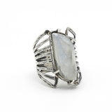 Cabochon leaf shape Moonstone ring in silver bezel and prongs setting with sterling silver skeleton multi wrap band