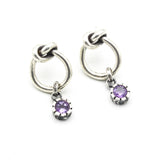 Tiny round Amethyst with silver teardrop knot design stud earrings on sterling silver post and backing