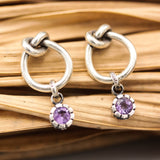 Tiny round Amethyst with silver teardrop knot design stud earrings on sterling silver post and backing
