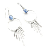 Oval Blue kyanite earrings with silver circle and finger drops on sterling silver hooks style