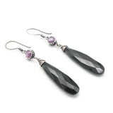 Black onyx teardrop faceted earrings with Pink sapphire on oxidized sterling silver hooks style