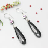 Black onyx teardrop faceted earrings with Pink sapphire on oxidized sterling silver hooks style