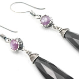 Black onyx teardrop faceted earrings with Pink sapphire on oxidized sterling silver hooks style