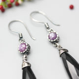 Black onyx teardrop faceted earrings with Pink sapphire on oxidized sterling silver hooks style