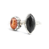 Marquise faceted Black Onyx ring with Sunstone on sterling silver hard texture band