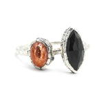 Marquise faceted Black Onyx ring with Sunstone on sterling silver hard texture band