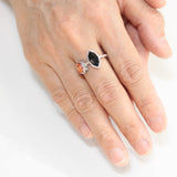 Marquise faceted Black Onyx ring with Sunstone on sterling silver hard texture band