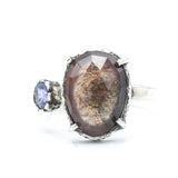 Teardrop faceted Moss agate ring with blue sapphire on the side on sterling silver hammer texture band