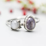 Teardrop faceted pink sapphire ring and moonstone with oxidized sterling silver hammer texture band