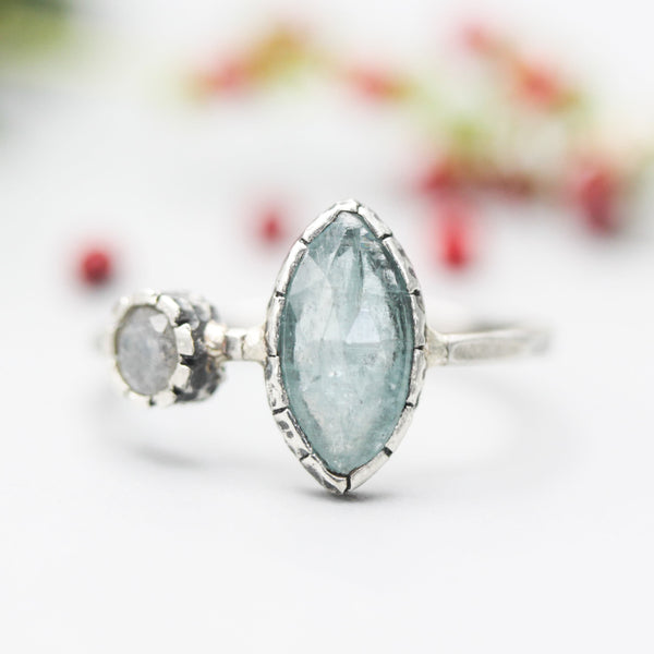 Marquise faceted Paraiba Kyanite ring in silver bezel setting with round labradorite on sterling silver hammer texture band