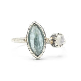 Marquise faceted Paraiba Kyanite ring in silver bezel setting with round Moonstone on sterling silver hard texture band