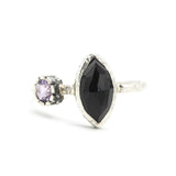 Marquise faceted Black Onyx ring with Amethyst on sterling silver hard texture band