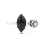 Marquise faceted Black Onyx ring with Labradorite on sterling silver hard texture band