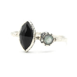 Marquise faceted Black Onyx ring with Labradorite on sterling silver hard texture band