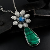 Teadrop Malachite pendant necklace with Labradorite in silver flower on sterling silver chian