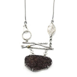 Large brown Druzy pendant necklace with silver leaf on the side on sterling silver chain