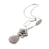 Triangle gray druzy pendant necklace with silver flower shape on sterling silver chain