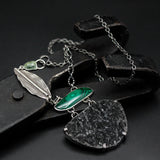 Large Black druzy pendant necklace with Malachite gemstone and sterling silver chain