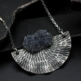 Black druzy pendant necklace in silver bezel and prongs setting with silver fan on sterling silver oxidized chain