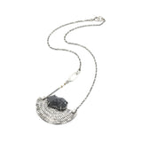 Black druzy pendant necklace in silver bezel and prongs setting with silver fan on sterling silver oxidized chain