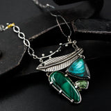 Malachite pendant necklace and silver leaf with Labradorite and kyanite gemstone secondary on sterling silver oxidized chain