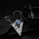 Teardrop Moonstone and blue kyanite pendant necklace in silver bezel setting with engraving technique in silver triangle shape