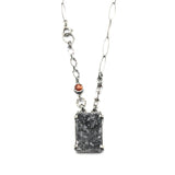 Rectangle black Druzy pendant necklace in silver bezel and prongs setting with Sunstone secondary on sterling silver chain