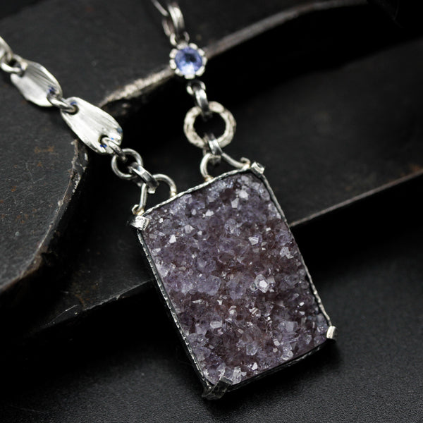 Rectangle brown Druzy pendant necklace in silver bezel and prongs setting with Tanzanite secondary on sterling silver chain
