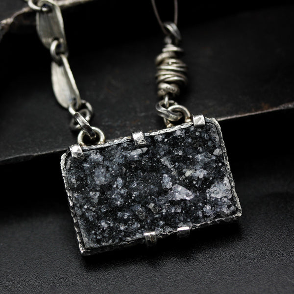 Rectangle black Druzy pendant necklace in silver bezel and prongs setting with Garnet secondary on sterling silver chain