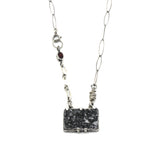 Rectangle black Druzy pendant necklace in silver bezel and prongs setting with Garnet secondary on sterling silver chain