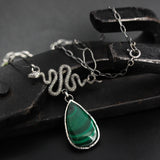 Silver Snake pendant necklace with teadrop Malachite on sterling silver chian