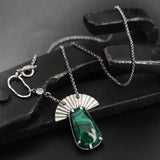 Malachite necklace in silver bezel and prongs setting with silver fan shape on sterling silver oxidized chain