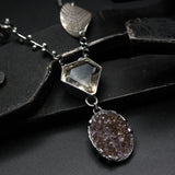 Rutilated quartz pendant necklace with oval brown druzy on sterling silver chain