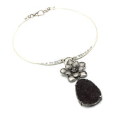 Large teardrop brown Druzy pendant choker necklace with silver flower shape