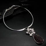 Large teardrop brown Druzy pendant choker necklace with silver flower shape