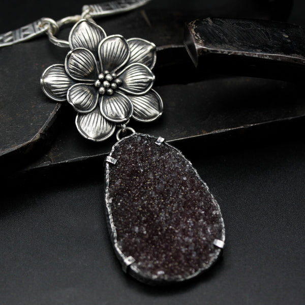 Large teardrop brown Druzy pendant choker necklace with silver flower shape