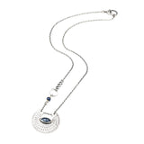 Crescent moon necklace with marquise blue kyanite in silver bezel setting