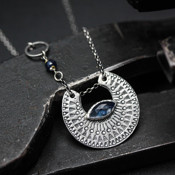 Crescent moon necklace with marquise blue kyanite in silver bezel setting