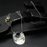 Sterling silver oval engraving folding accordion pendant necklace with round Amethyst gemstone