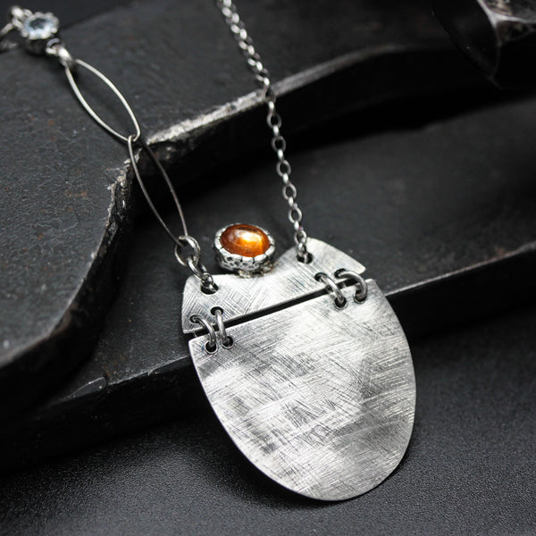 Sterling silver oval engraving folding accordion pendant necklace with oval Sunstone gemstone