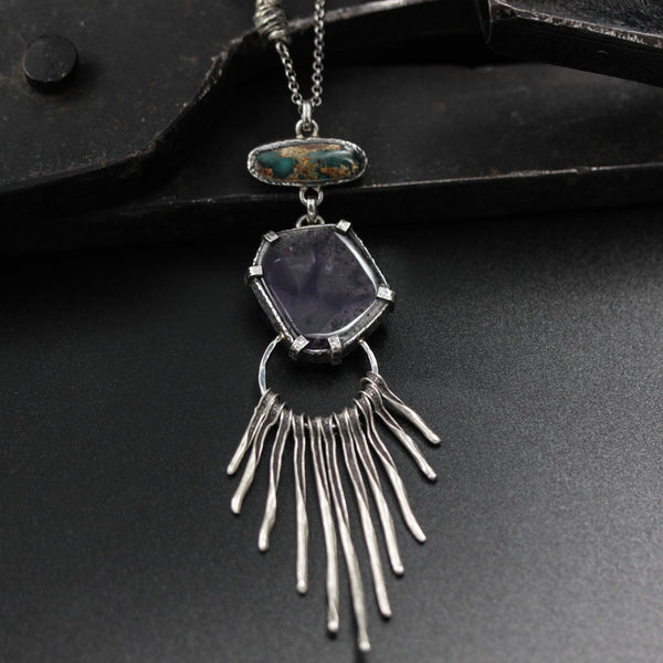 Trapiche amethyst slice with phantom quartz pendant necklace with Turquoise and silver fingers decoration