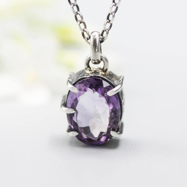 Faceted oval Amethyst necklace in silver bezel and prongs setting with oxidized sterling silver chain