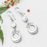 Silver pot luck coin earrings with Moonstone gemstone and hooks style on the top