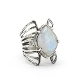 Marquise Moonstone ring in silver bezel and prongs setting with sterling silver skeleton multi wrap band