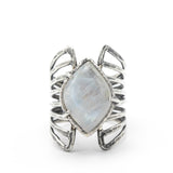 Marquise Moonstone ring in silver bezel and prongs setting with sterling silver skeleton multi wrap band