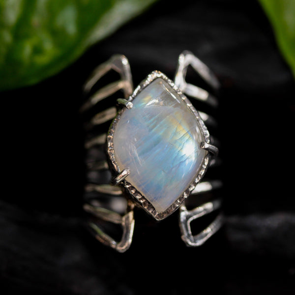 Marquise Moonstone ring in silver bezel and prongs setting with sterling silver skeleton multi wrap band