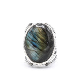 Oval Labradorite ring in silver bezel setting with sterling silver skeleton multi wrap band