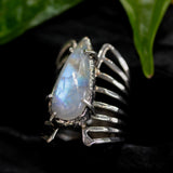 Teardrop Moonstone ring in silver bezel and prongs setting with sterling silver skeleton multi wrap band